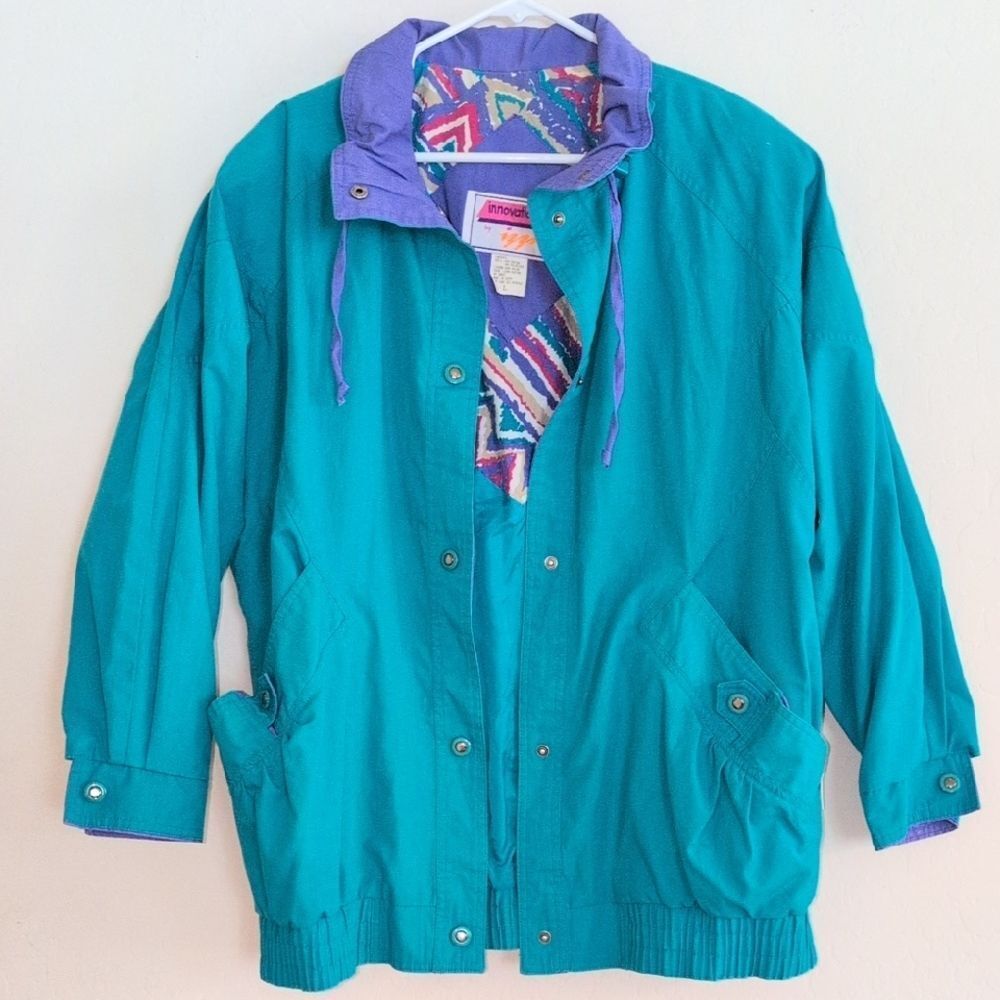 VTG Innovations By Izzi Teal Purple Windbreaker 80s 90s Jacket - Size L - Picture 1 of 10